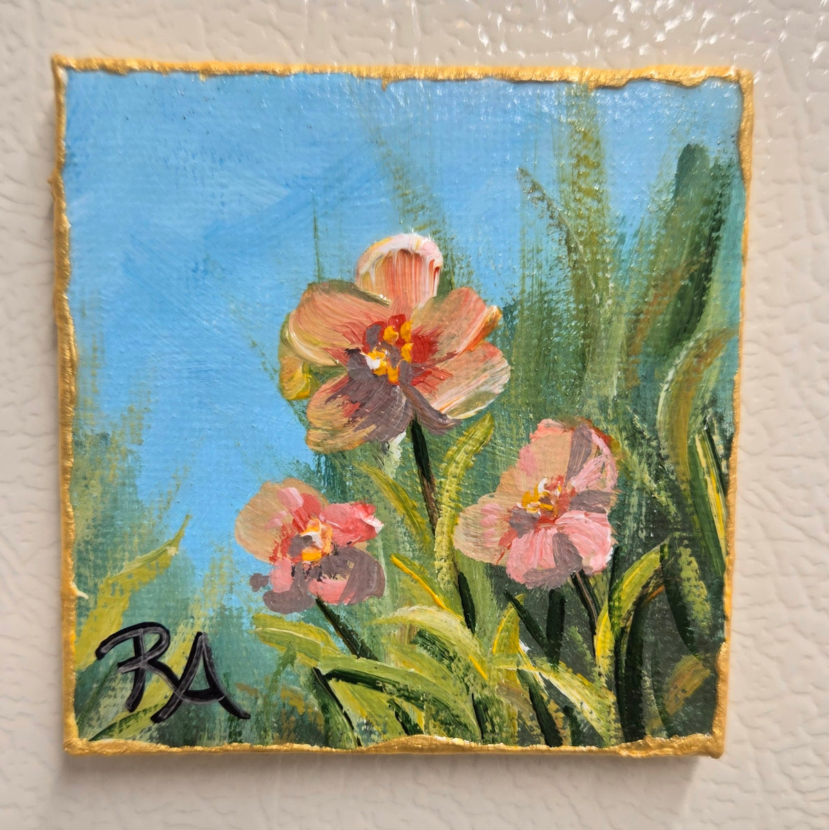 Pink Trio of Flowers.  2.5x2.5 in Tiny Hand-painted Magnet.