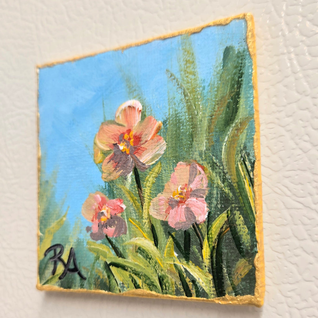 Pink Trio of Flowers.  2.5x2.5 in Tiny Hand-painted Magnet.