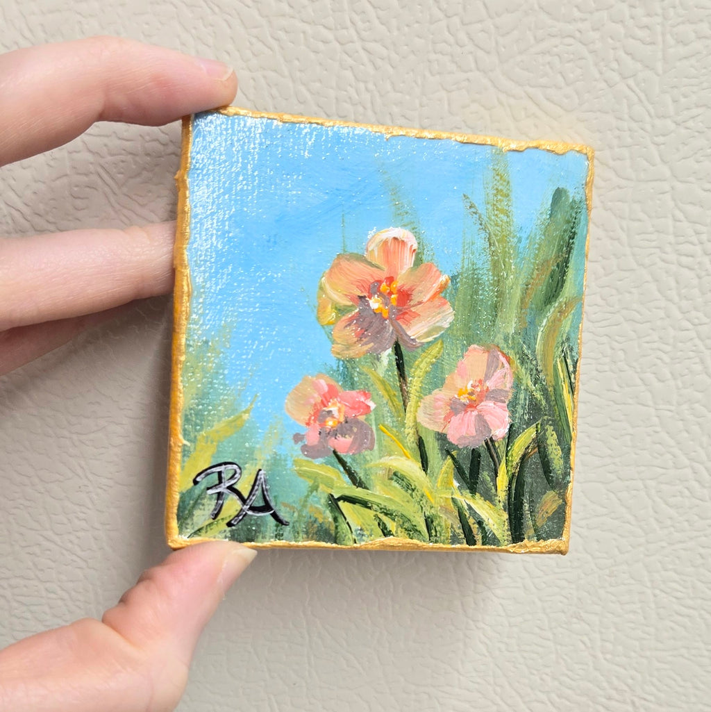 Pink Trio of Flowers.  2.5x2.5 in Tiny Hand-painted Magnet.