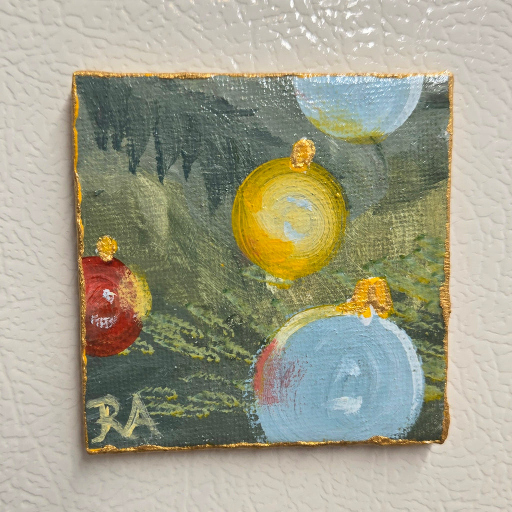 Christmas Ornaments on Pine Banches.  2.5x2.5 in Tiny Hand-painted Magnet.