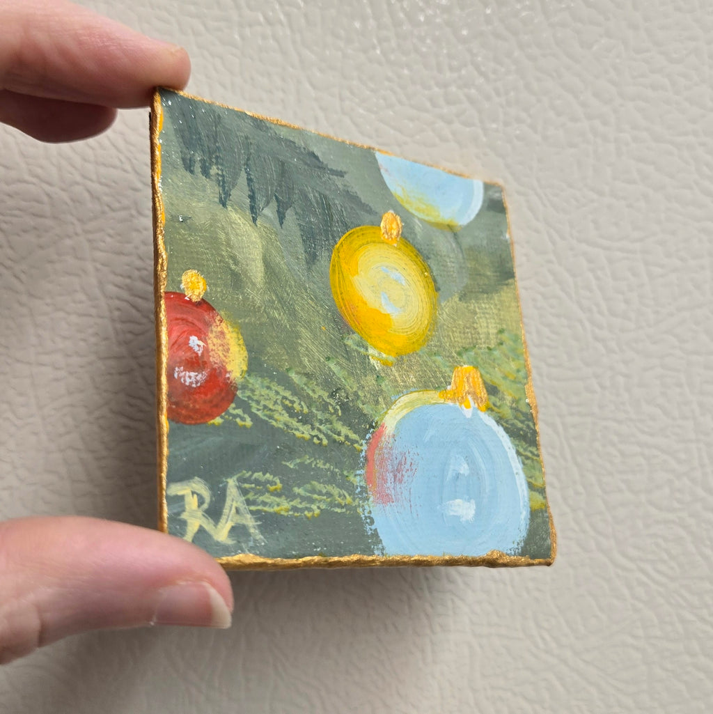 Christmas Ornaments on Pine Banches.  2.5x2.5 in Tiny Hand-painted Magnet.
