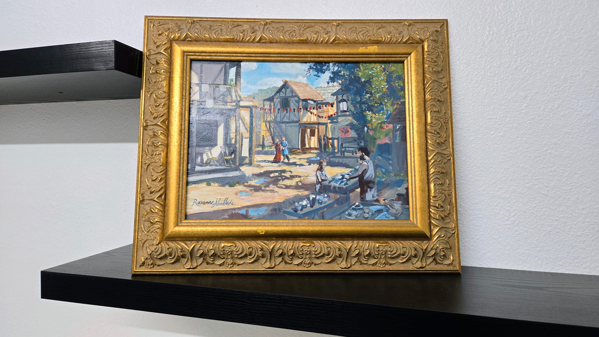 "Old Town Bicolline". Original Medieval Village painting by Roxanne Almblade