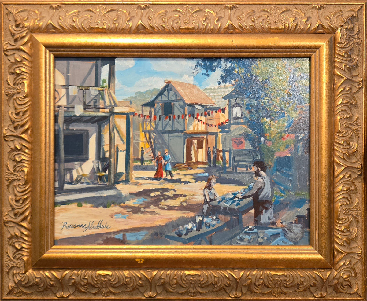 "Old Town Bicolline". Original Medieval Village painting by Roxanne Almblade