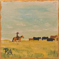 Cowboy Driving Cattle.  2.5x2.5 in Tiny Hand-painted Magnet.
