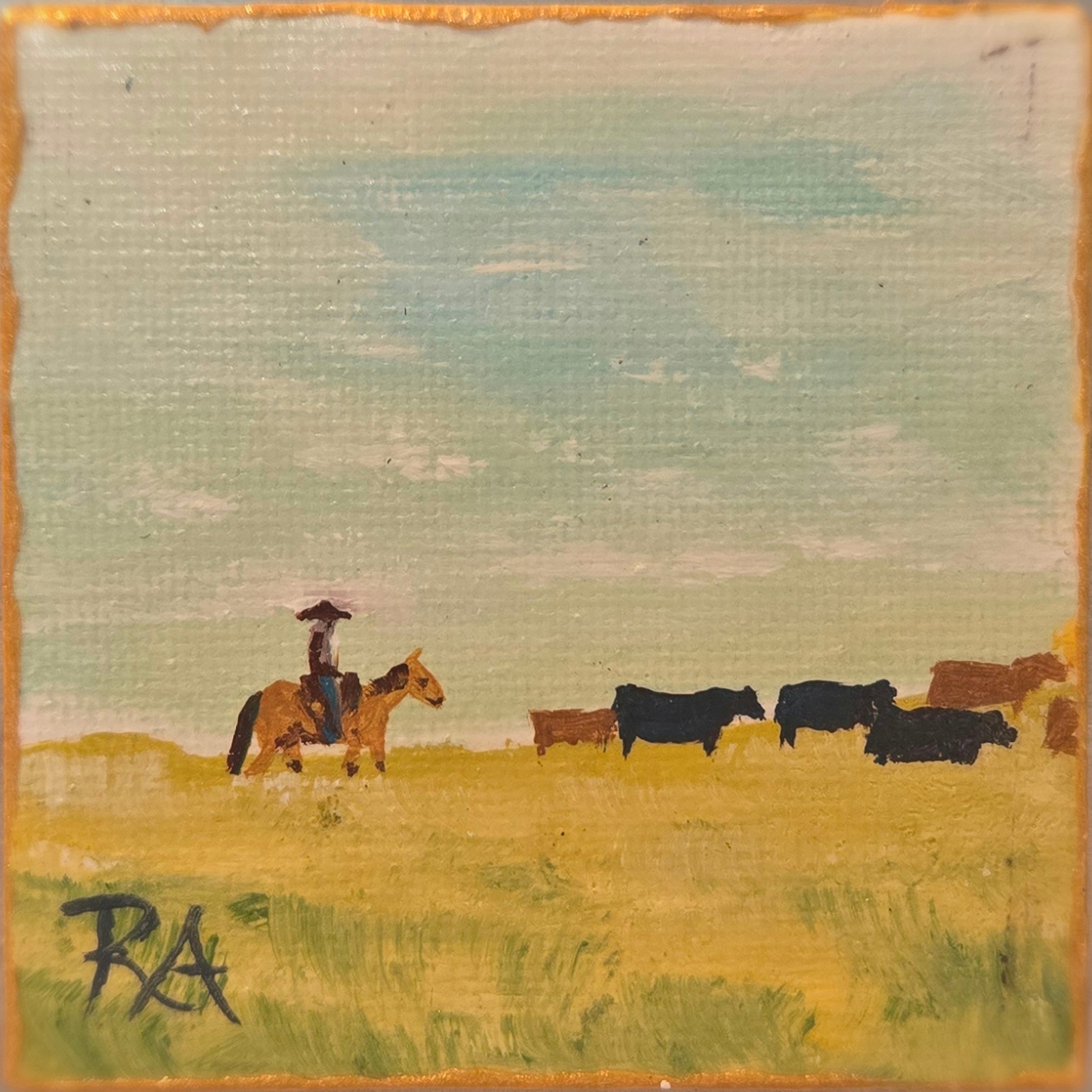 Cowboy Driving Cattle.  2.5x2.5 in Tiny Hand-painted Magnet.