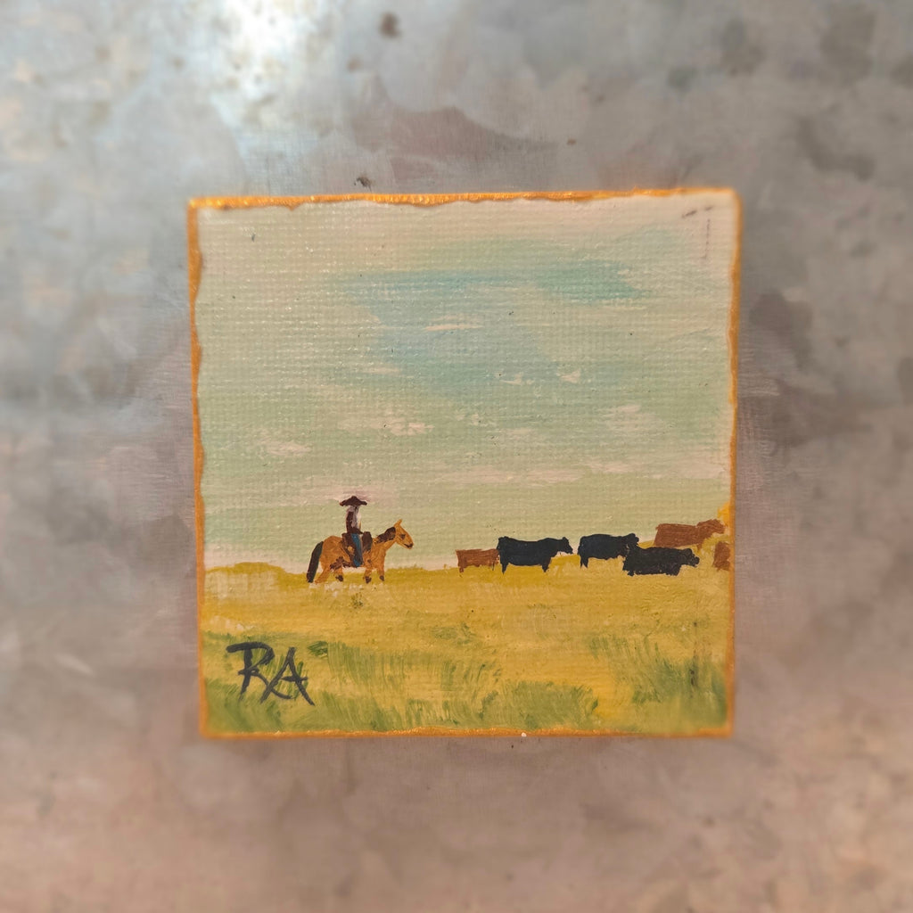 Cowboy Driving Cattle.  2.5x2.5 in Tiny Hand-painted Magnet.