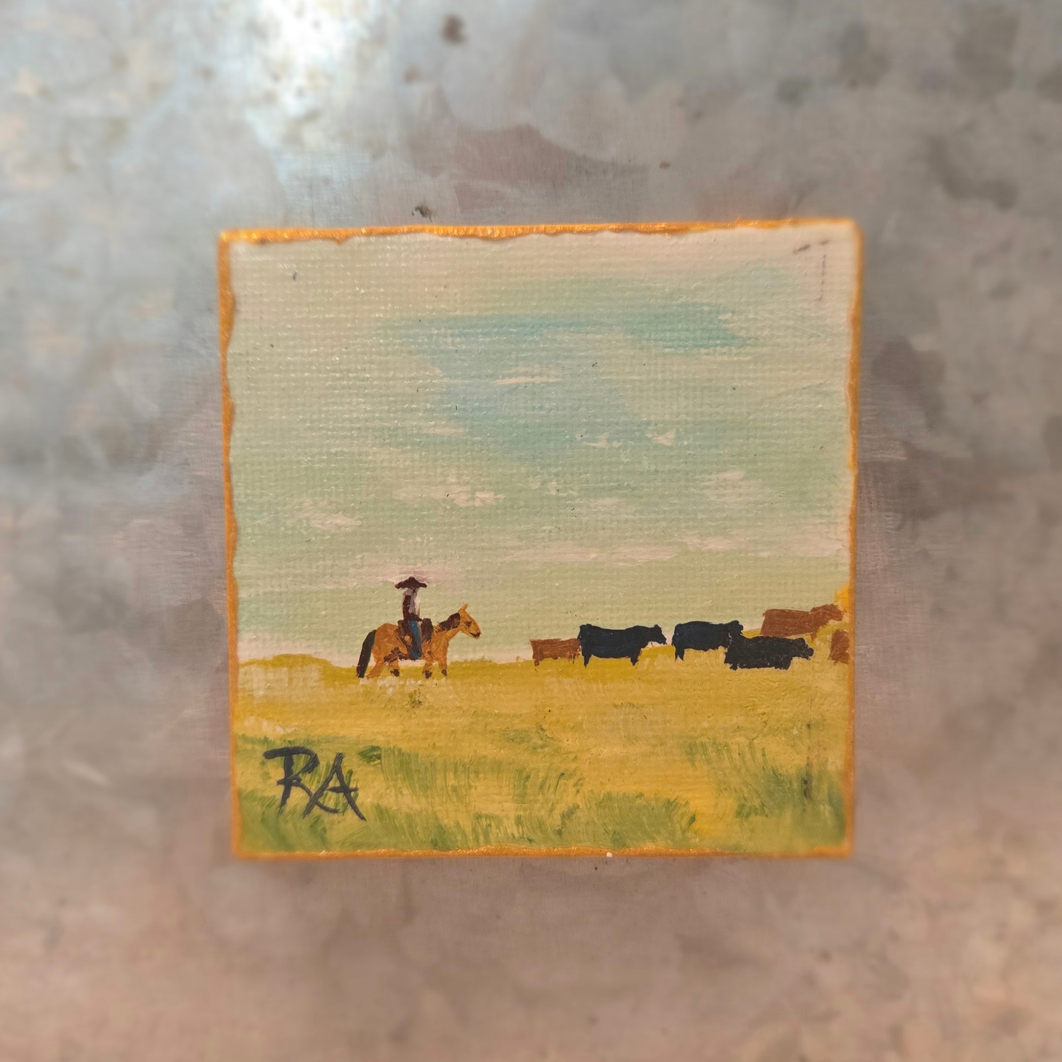 Cowboy Driving Cattle.  2.5x2.5 in Tiny Hand-painted Magnet.