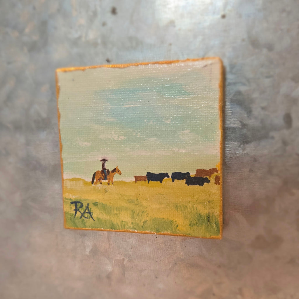 Cowboy Driving Cattle.  2.5x2.5 in Tiny Hand-painted Magnet.