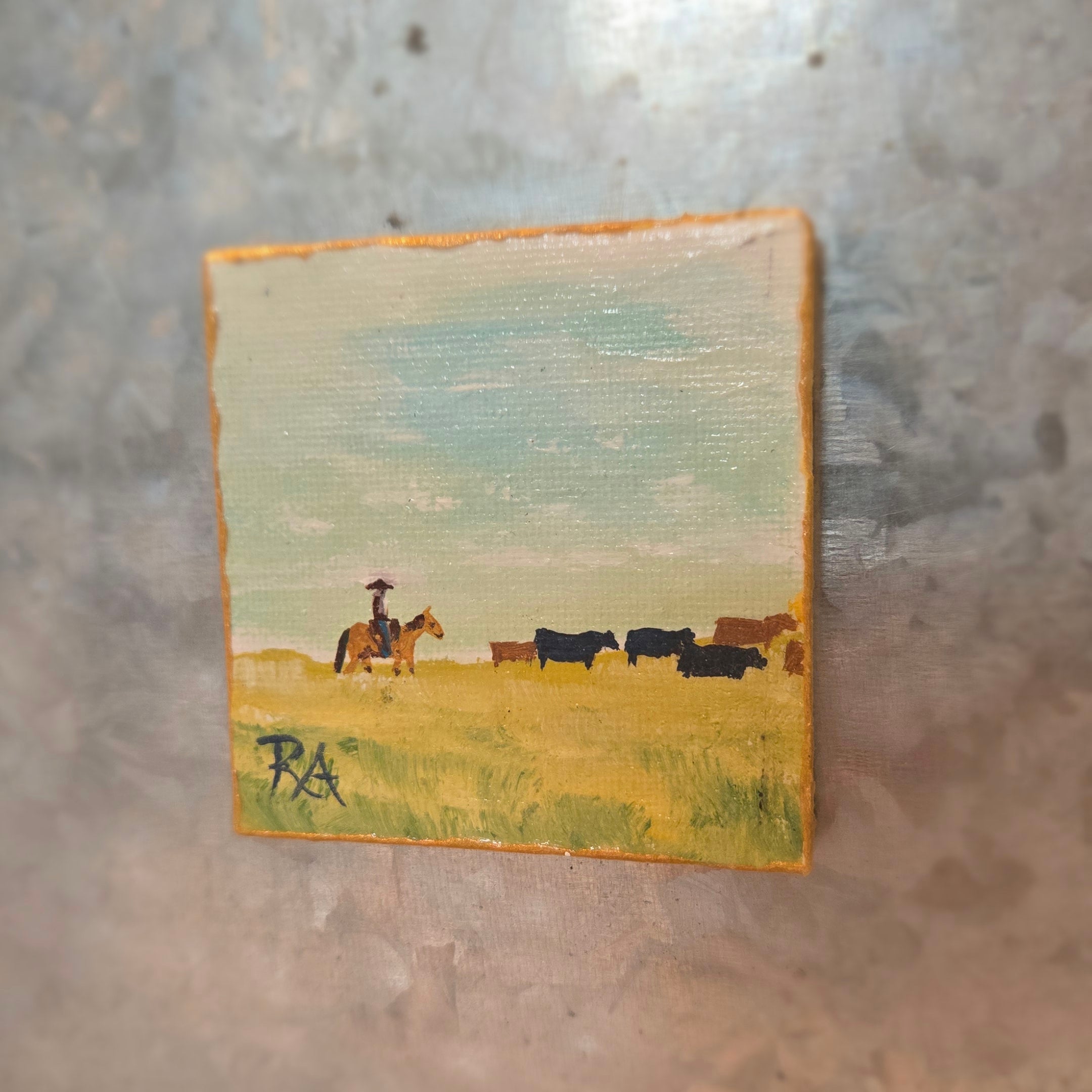 Cowboy Driving Cattle.  2.5x2.5 in Tiny Hand-painted Magnet.