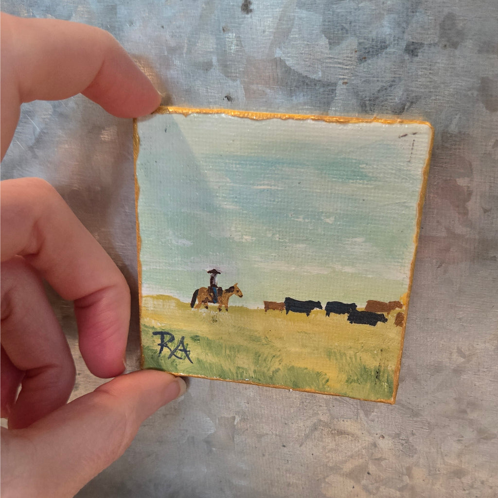 Cowboy Driving Cattle.  2.5x2.5 in Tiny Hand-painted Magnet.