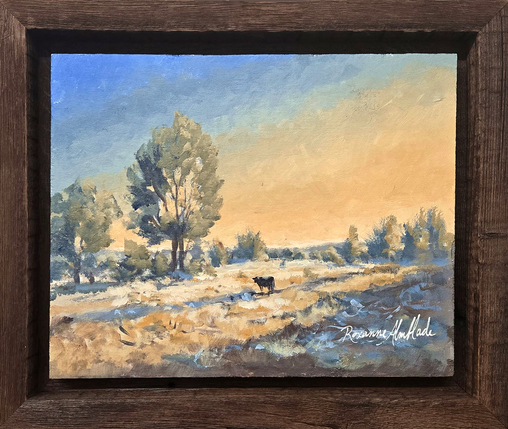 "Lone Moo." Black Angus cow. Original Painting by Roxanne Almblade