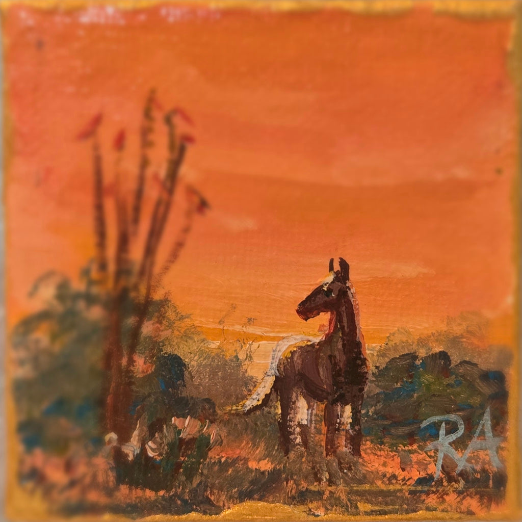 Ocatillo and Horse.  2.5x2.5 in Tiny Hand-painted Magnet.