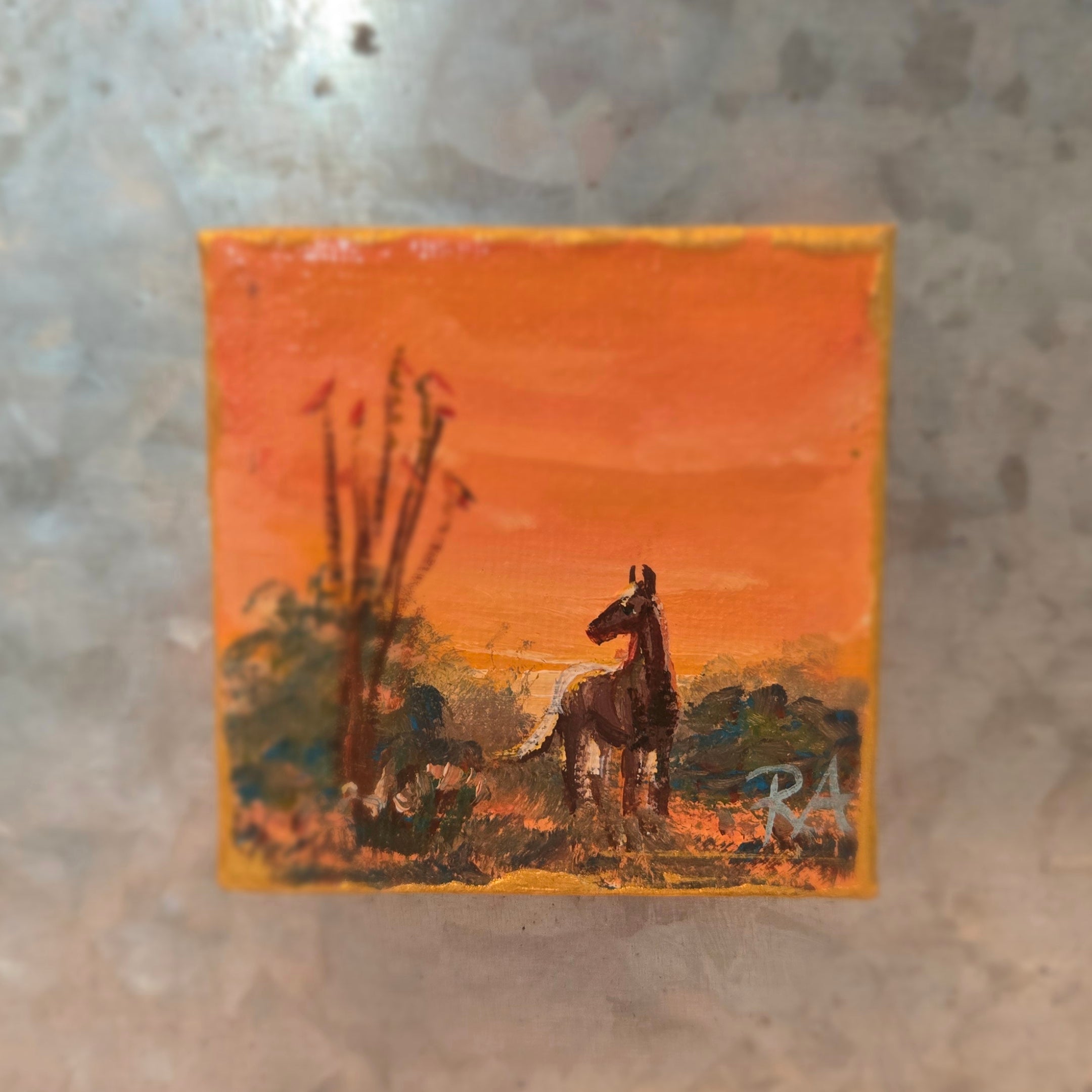 Ocatillo and Horse.  2.5x2.5 in Tiny Hand-painted Magnet.