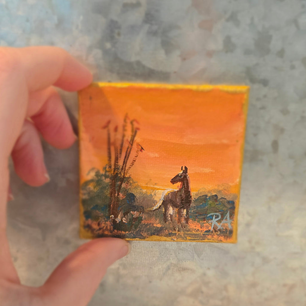 Ocatillo and Horse.  2.5x2.5 in Tiny Hand-painted Magnet.