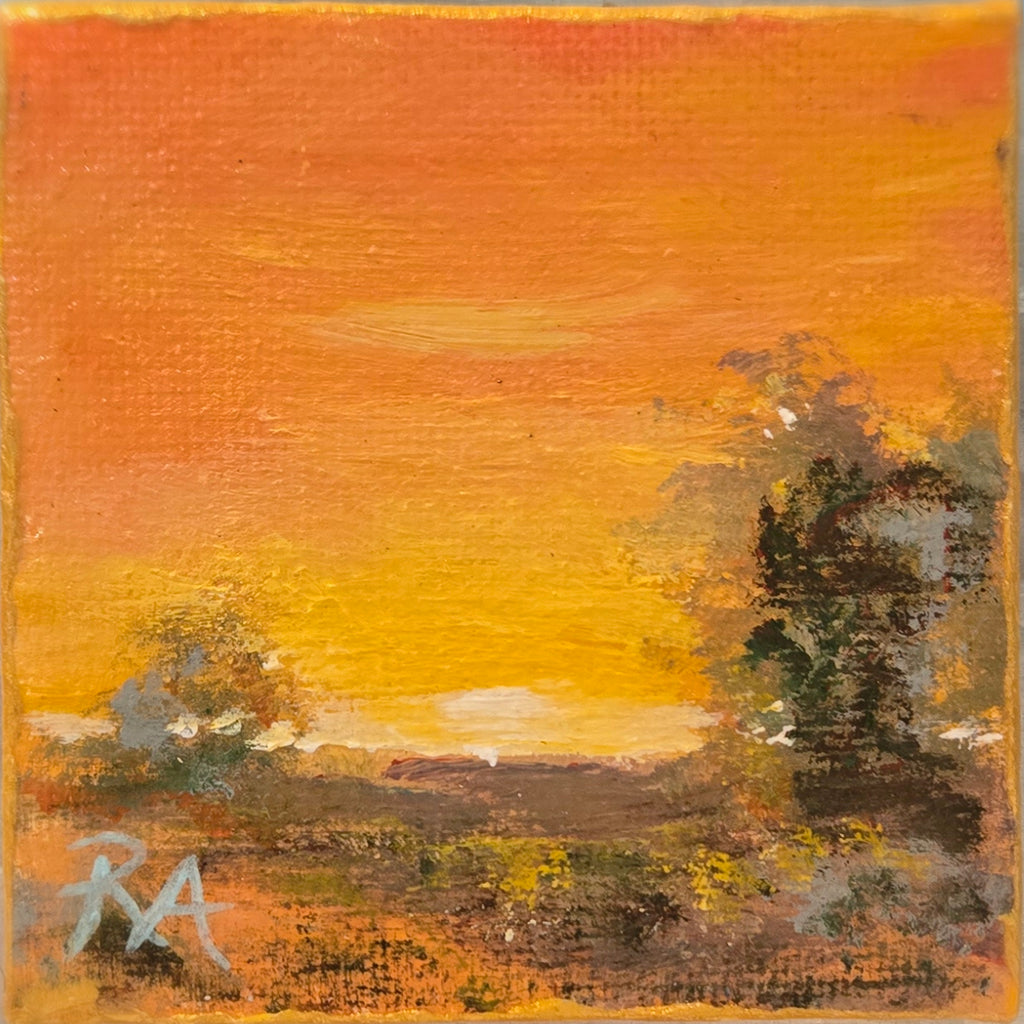 Orange Glow Sunset.  2.5x2.5 in Tiny Hand-painted Magnet.