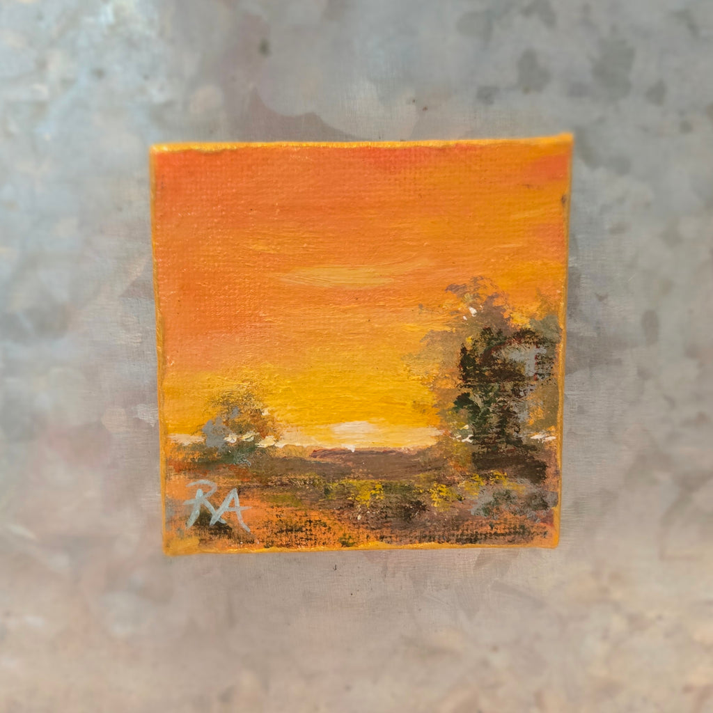 Orange Glow Sunset.  2.5x2.5 in Tiny Hand-painted Magnet.