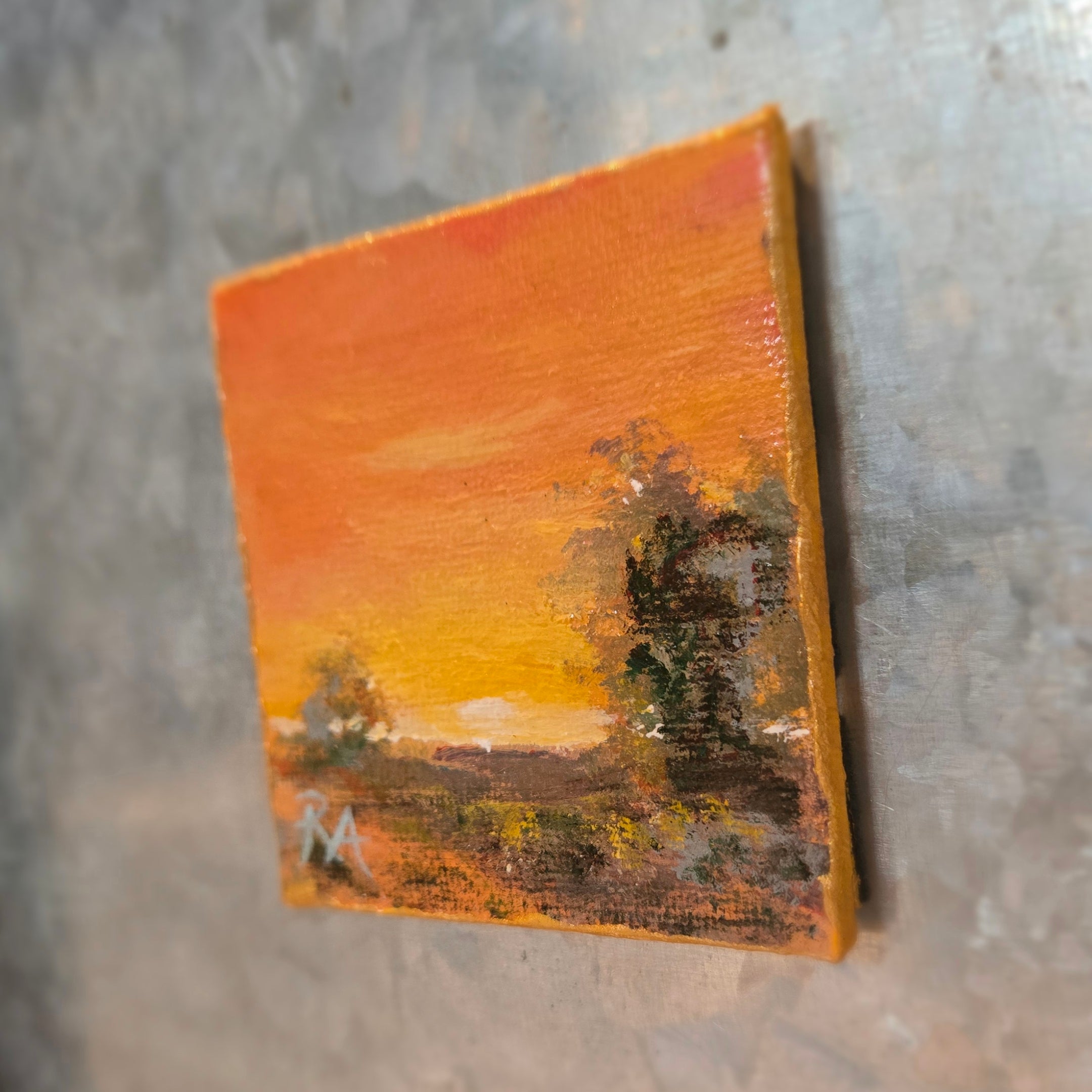 Orange Glow Sunset.  2.5x2.5 in Tiny Hand-painted Magnet.