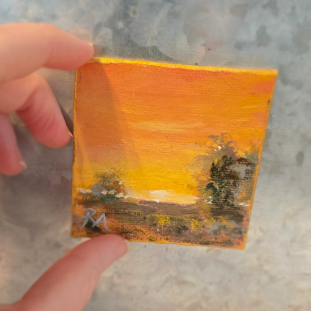 Orange Glow Sunset.  2.5x2.5 in Tiny Hand-painted Magnet.
