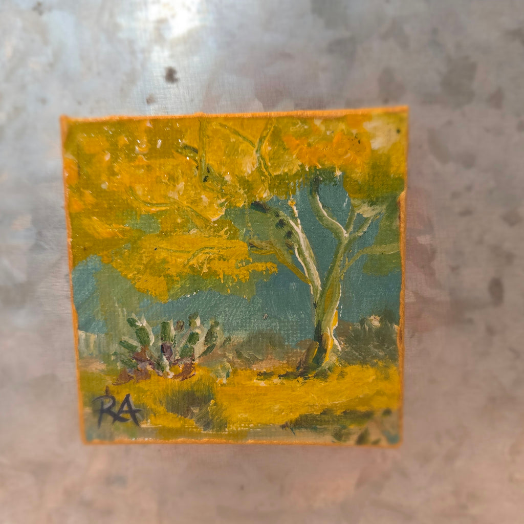 Palo Verde and Prickly Pear.  2.5x2.5 in Tiny Hand-painted Magnet.