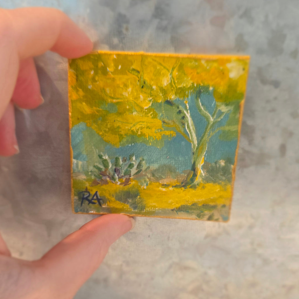 Palo Verde and Prickly Pear.  2.5x2.5 in Tiny Hand-painted Magnet.