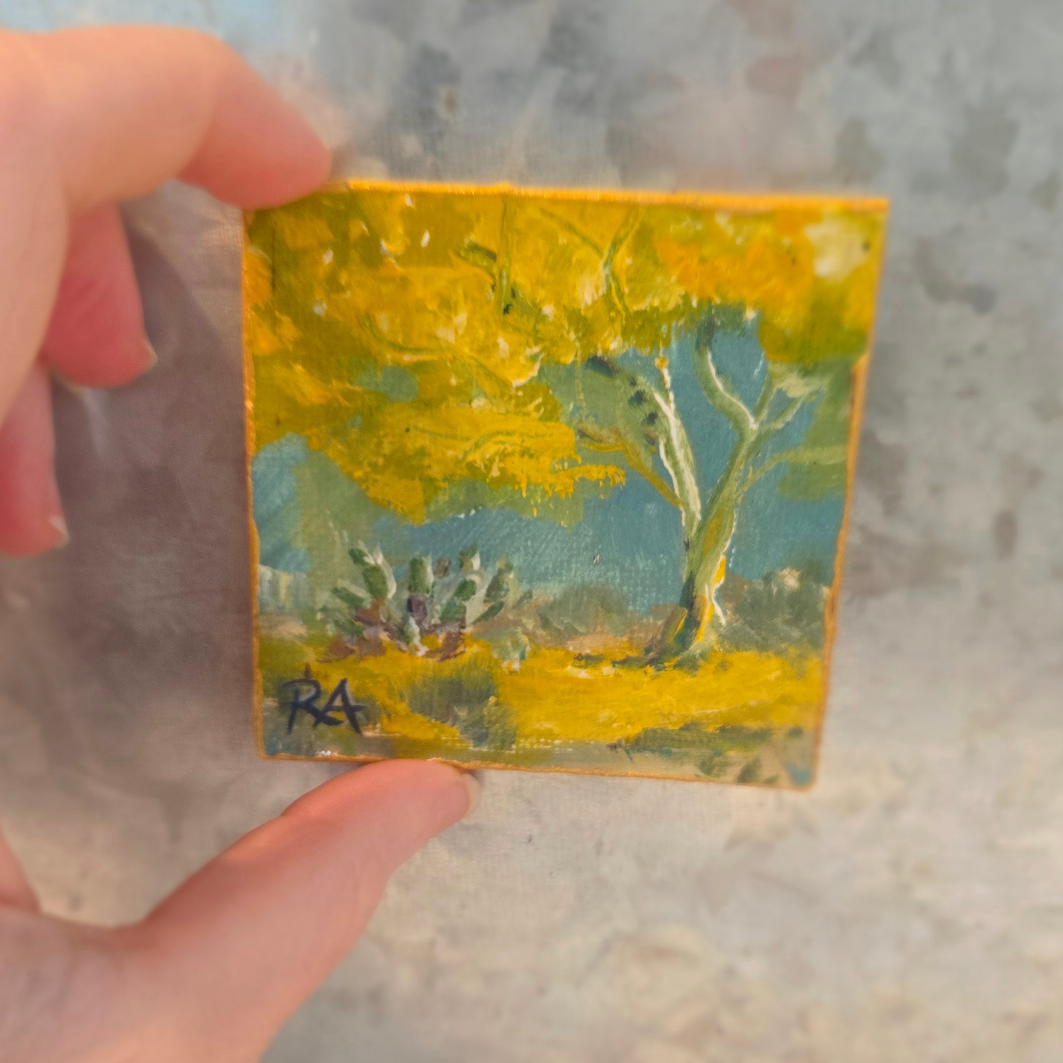 Palo Verde and Prickly Pear.  2.5x2.5 in Tiny Hand-painted Magnet.